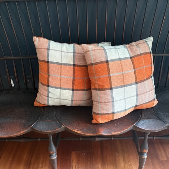 Set of Two (2) Handmade 16" Ultra Soft Cotton Orange Plaid Pillows - Picture 7 of 10